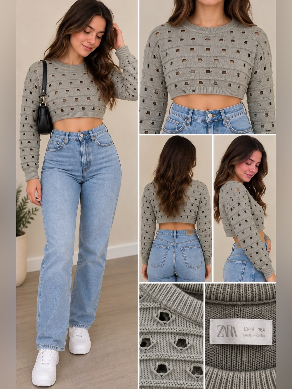 Zara Cropped Open-Knit Crewneck Sweater in Light Gray